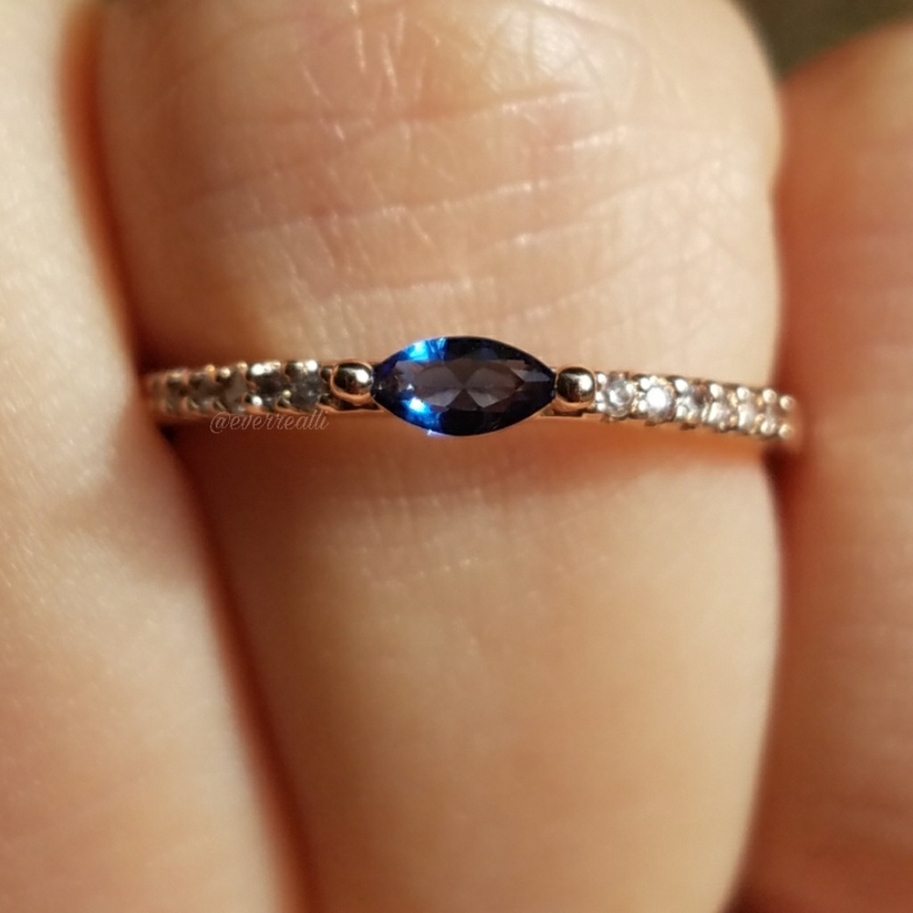 Rose Gold Tiny Blue Sapphire Marquise Dainty Ring - Picture 4 of 7